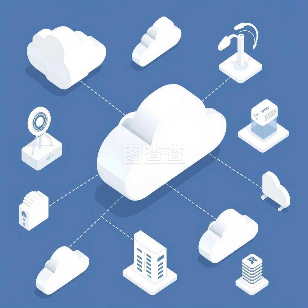 虚线矢量图连接的云计算基础设施元素 大图标的云服务等距组合解析